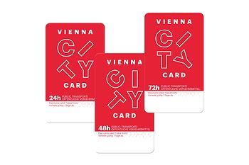 Vienna City Card. Abbildung dreier Karten: 24 Stunden, 48 Stunden, 72 Stunden